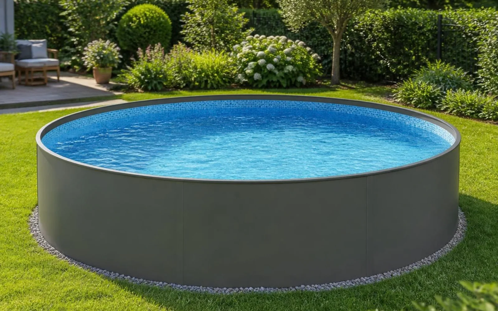 Runder Stahlwandpool im Garten